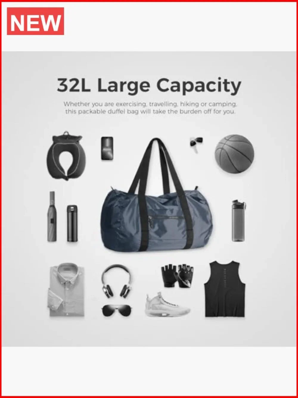 Lightweight Travel Duffel Bag, Water-Resistant Sports Gym Bag, 32L Foldable